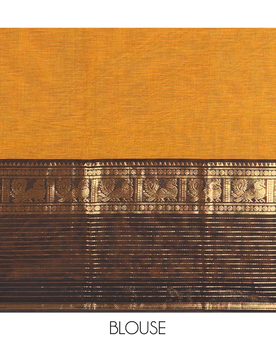 Mustard Plain Chettinad Cotton Saree, Complemented by a Contrast Zari Traditional Border Steeped with  Peacock Designs, Subtly Striped Pallu, and Paired with a Matching Blouse
