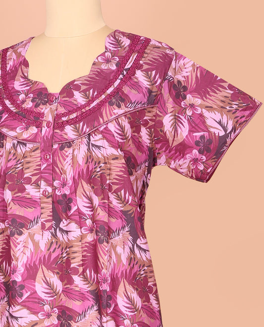 Purple Cotton Nighty Bedecked with Tropical Floral Print, Featuring Lace Work, Scallop Front Neck, and Half  Sleeves