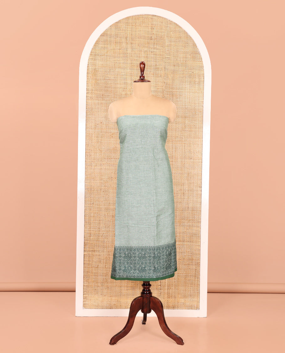 Green Handloom Material Chudidar, Peacock-Chakram Motifs-Threaded Top, a Contrast Plain Bottom, and a Contrast Dupatta