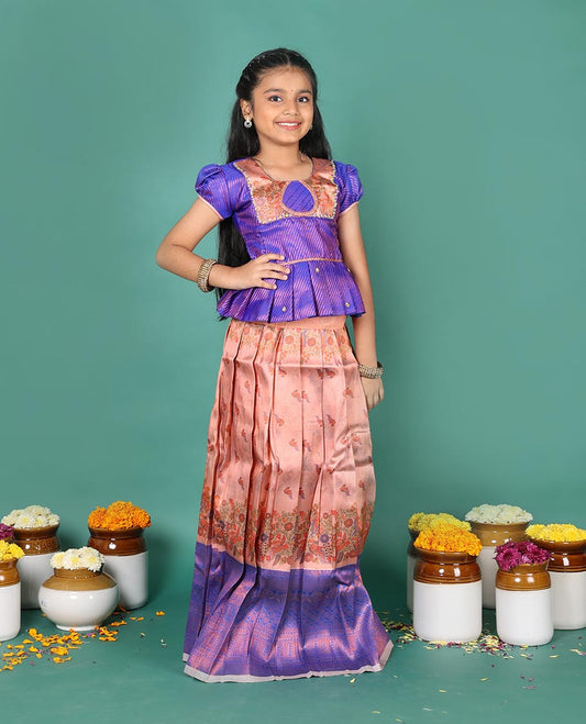Peach art silk pavadai Readymade set, jacquard with contrast traditional zari border skirt, and contrast neck embroidered puff-sleeve blouse