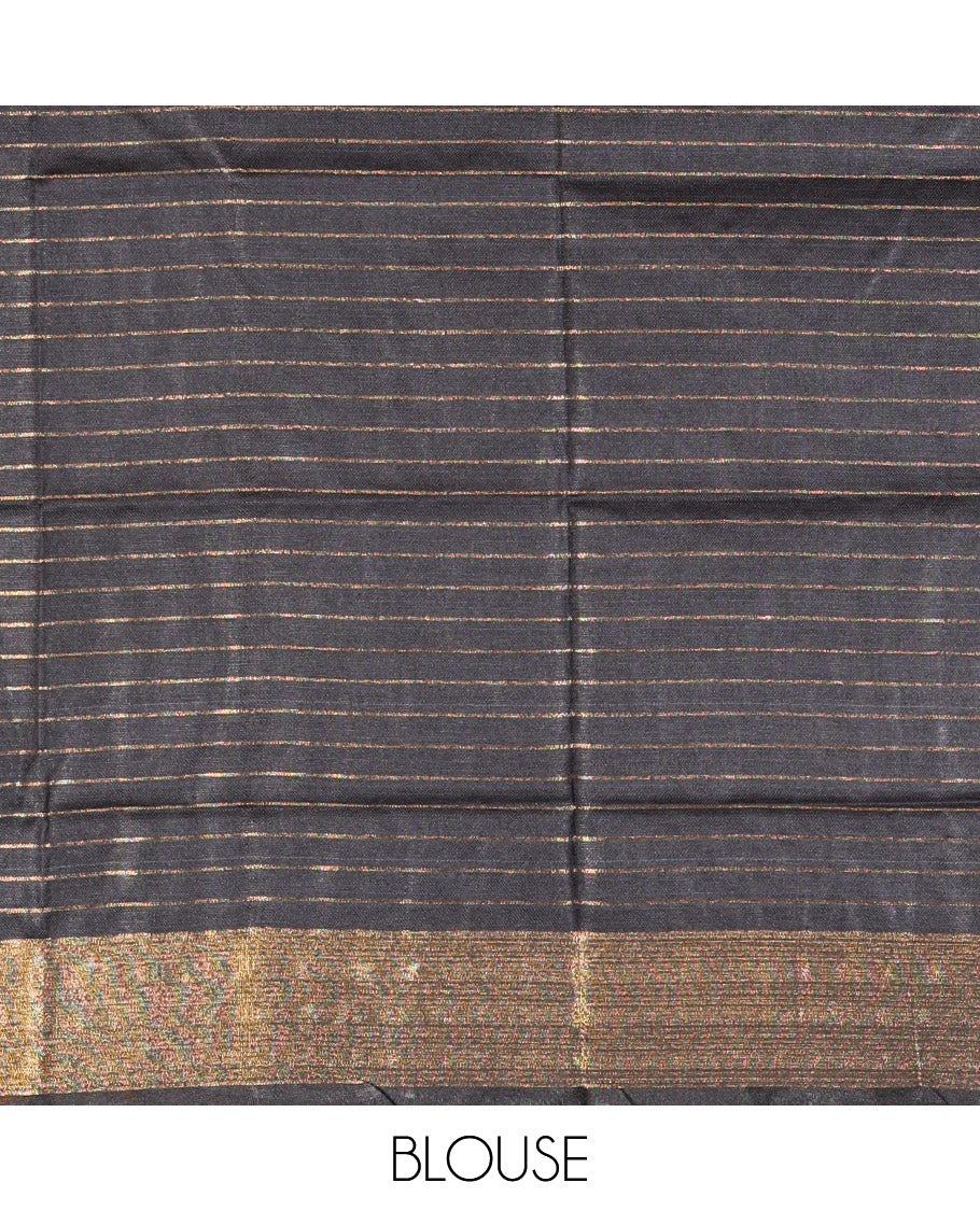 Cream and Black Linen Saree Sparsely Sparkled with Checks, Subtly Designed Zari Border, Zari Striped Pallu, and Paired with a Contrast Blouse