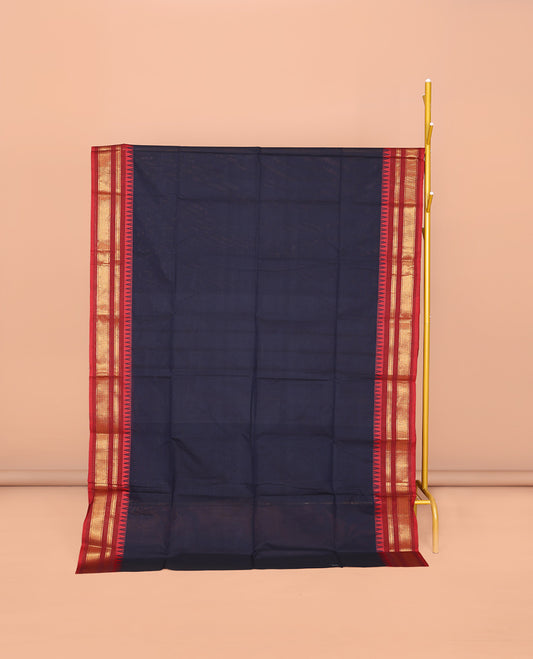 Navy Blue Plain Chettinad Cotton Saree, Complemented by a Contrast Traditional Zari Design Woven Border, Pallu of Stripes, and Paired with a Matching Blouse