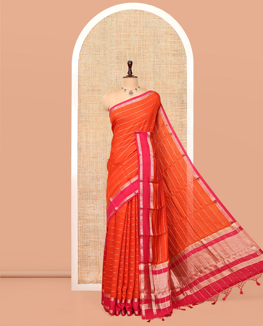 Orange Assam Silk Saree, Dazzled with Zari Stripes, Complemented Contrast by a Traditional Zari Border, Striped Pallu, and a Contrast Blouse