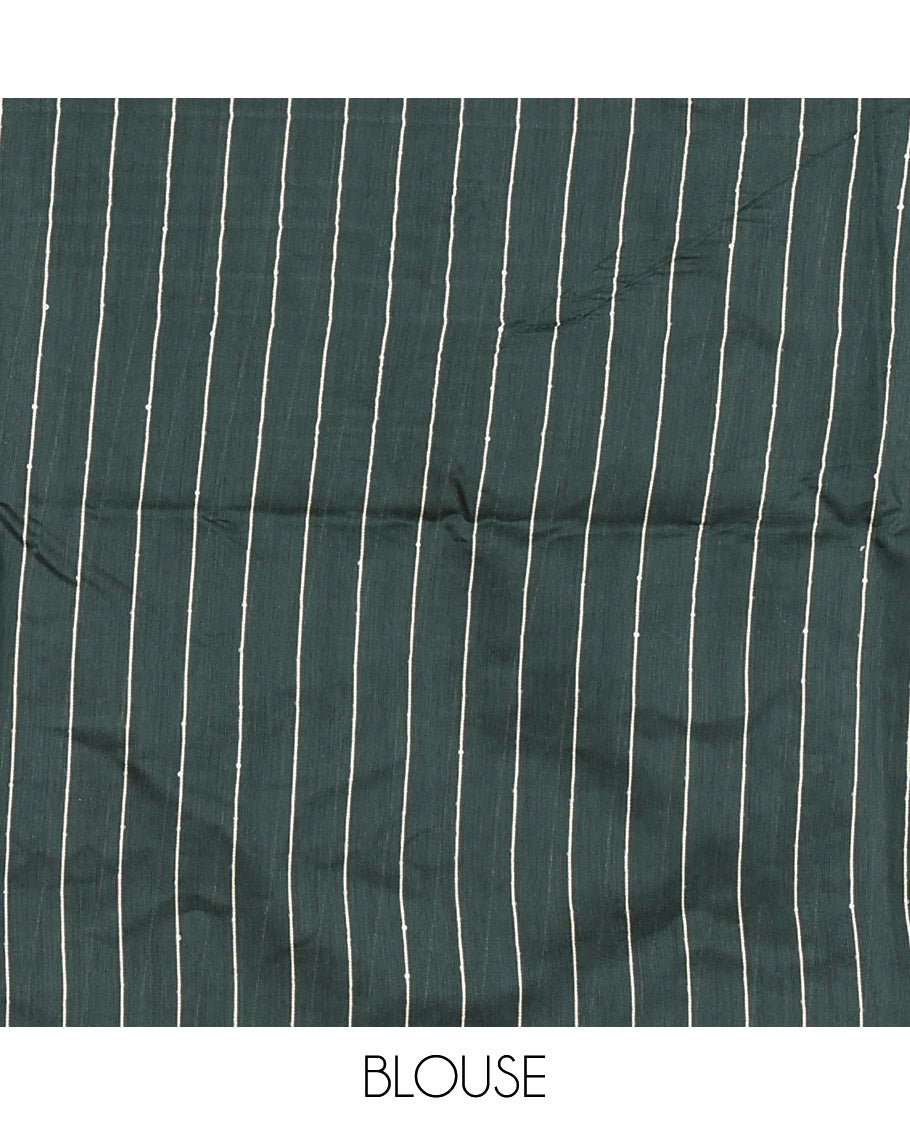 Borderless Dark Green Chanderi Cotton Saree Prettified with with Sequins and Thread Stripes, Self-Pallu Featuring Sequins and Thread Stripes, and comes with a Matching Blouse