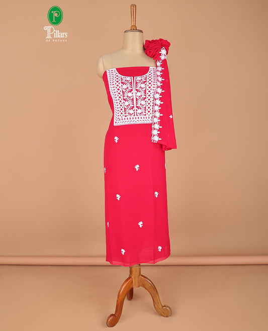 Rani pink chudidhar material flower butta chickenkari work georgette top with santoon material pants & double side chickenkari work dupatta