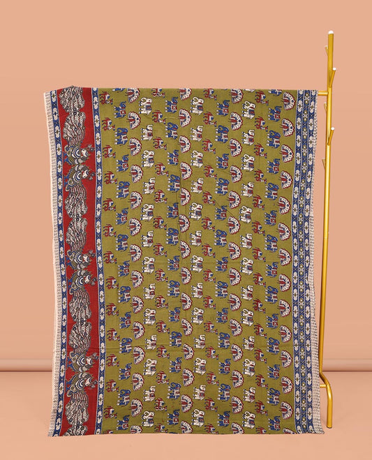 Green Machine-Printed Kalamkari Cotton Saree, Accentuated with Peacock, Elephant, and Camel Motifs  on Its Body, Complemented by a Contrast Border of Peacock Print, Pallu of Leaf Print, and Paired with a Printed Blouse