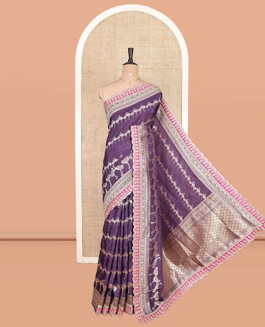 Lavender Bird Buttas Russian Dola Silk Saree, Contrast Patchwork Border, Matching Blouse