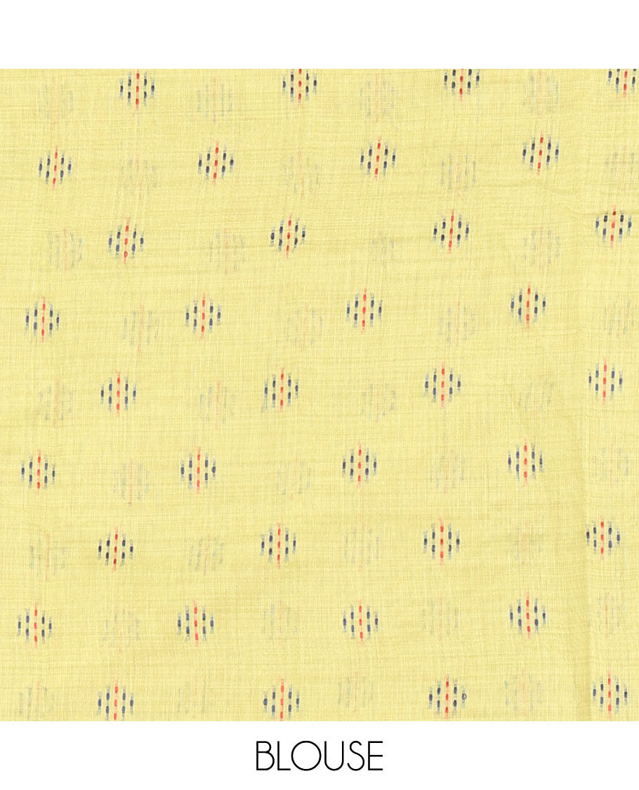 Green Munga Cotton Subtly Sparkled with Geometric Patterns in Thread Kantha Embroidery, Complemented with a Diamond-Patterned Kantha Embroidery Border, and Paired with a Matching Blouse