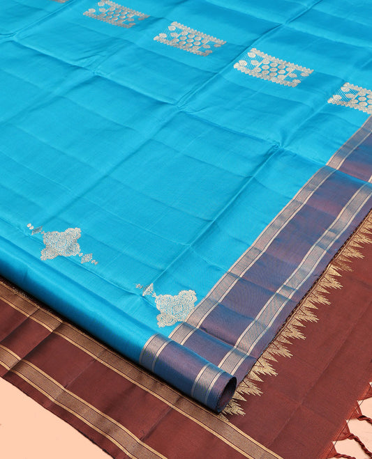 Blue Mayuri Lite Silk Mix Saree, Crafted with Zari Buttas, Contrast Border, Pallu of Intricate Designs, and a Contrast Blouse