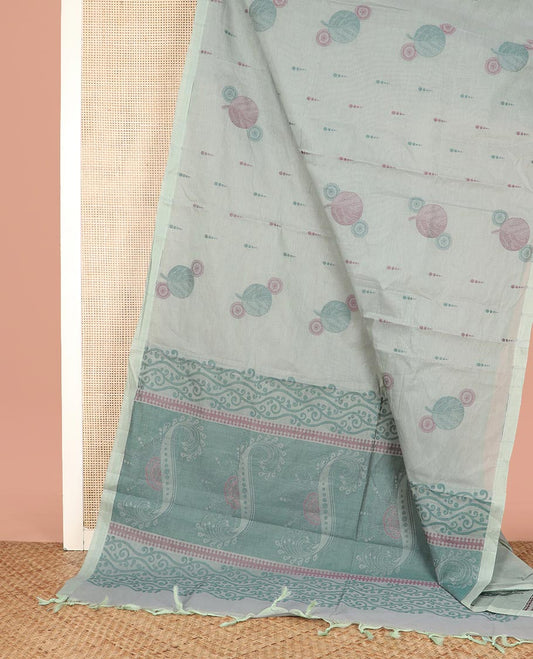 Borderless Pale Green Coimbatore Cotton Saree, Woven with Geometric Buttas All Over Its Body, Complemented by Contrast Pallu of Floral Designs, and Paired with a Matching Blouse