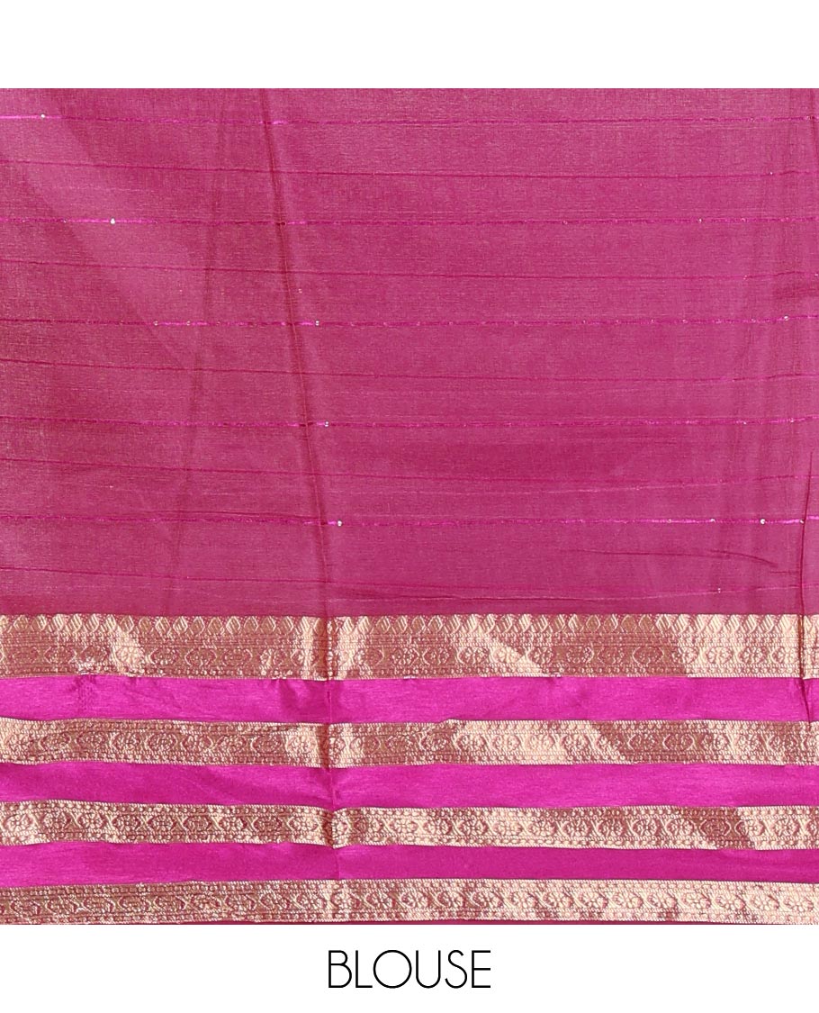Off-White-Violet Horizontal Striped Semi-Organza Saree, a Contrast Traditional Zari Border, Striped Pallu, and a Contrast Blouse