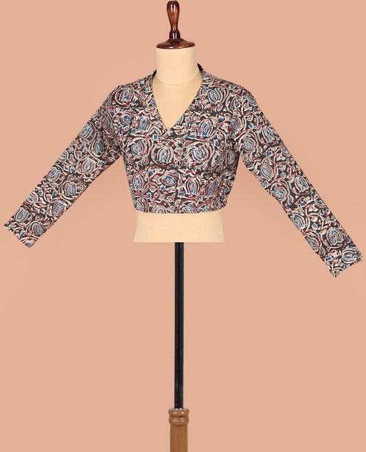 Multi-Color Readymade Blouse Delicately Printed with Kalamkari Floral Vine Print, Featuring Front V-Neck, Back Closed Neck, and Full Sleeves
