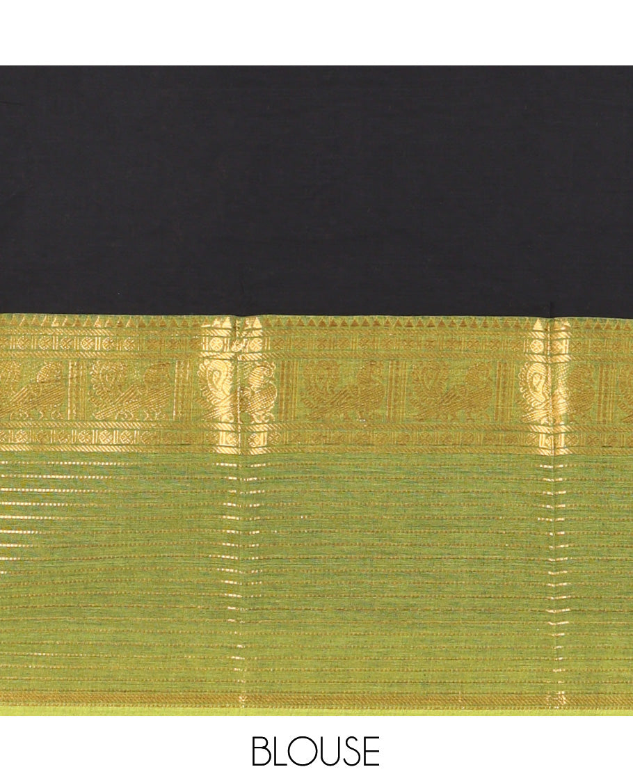 Black Plain Chettinad Cotton Saree, a Contrast Traditional Peacock Zari Border, Striped Pallu, and a Matching Blouse
