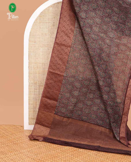 Wine color screen print linen saree with leaf, floral style border & chit pallu along with brocade blouse