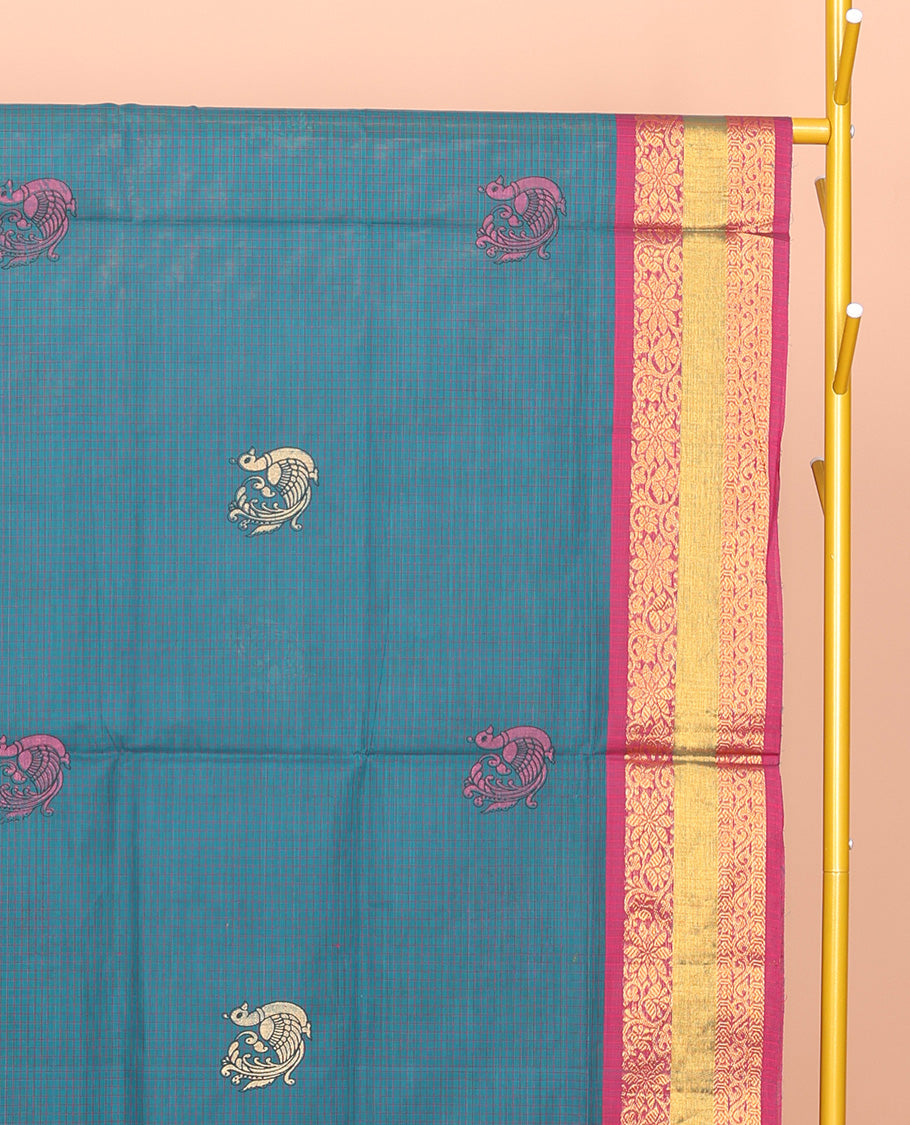 Blue Venkatagiri Cotton Saree, Detailed with Peacock Buttas and Checks, a Contrast Traditional Zari Border, Pallu of Peacock Buttas and Stripes, and No Blouse