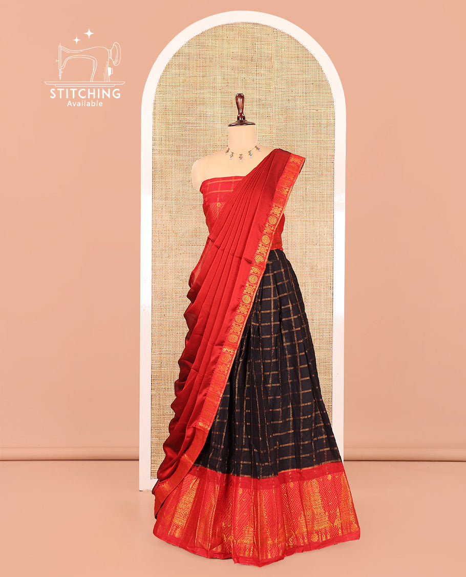Black-Red Sungudi Cotton Half-Saree Features Checked Skirt, Contrast Gopuram Border, Contrast Blouse, and Zari-Bordered Syska Georgette Dhavani