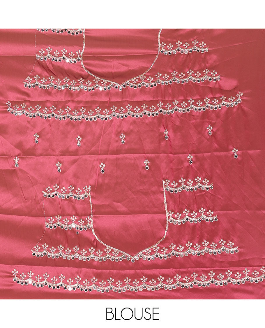 Pink floral motifs embroidered rangoli chiffon saree with mirror work border, embroidered pallu, and a contrast intricate scallop design embroidered blouse