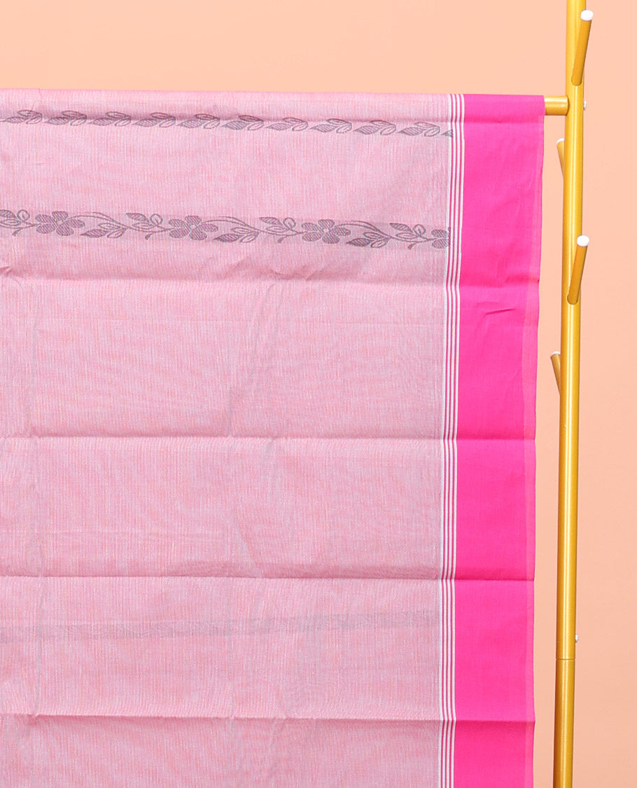 Pink Kanchi Cotton Saree, Adorned with Floral Creeper Design All Over Its Body, Complemented by Contrast Border, Pallu of Paisley Designs, and Paired with a Matching Blouse