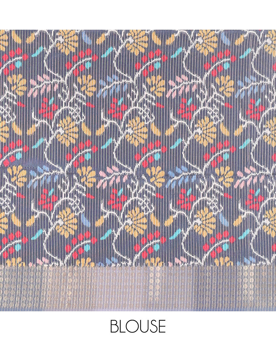 Navy Plain Matka Silk Fancy Saree , Small Polka Dots Woven Temple contrast Border, Pallu Steeped with Polka Dots, and Paired with a Patola-Style Floral Printed Blouse