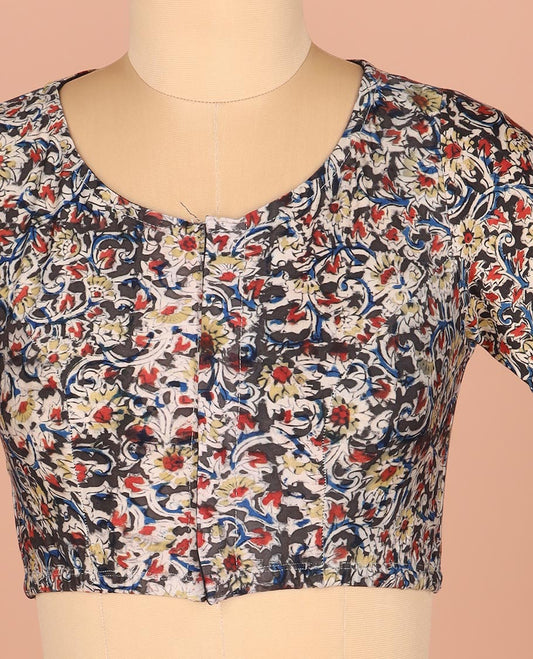 Black Base Readymade Blouse Adorned with Floral Vine Prints, Featuring a Front Round-Neck, a Back Closed Neck, and Elbow Sleeves