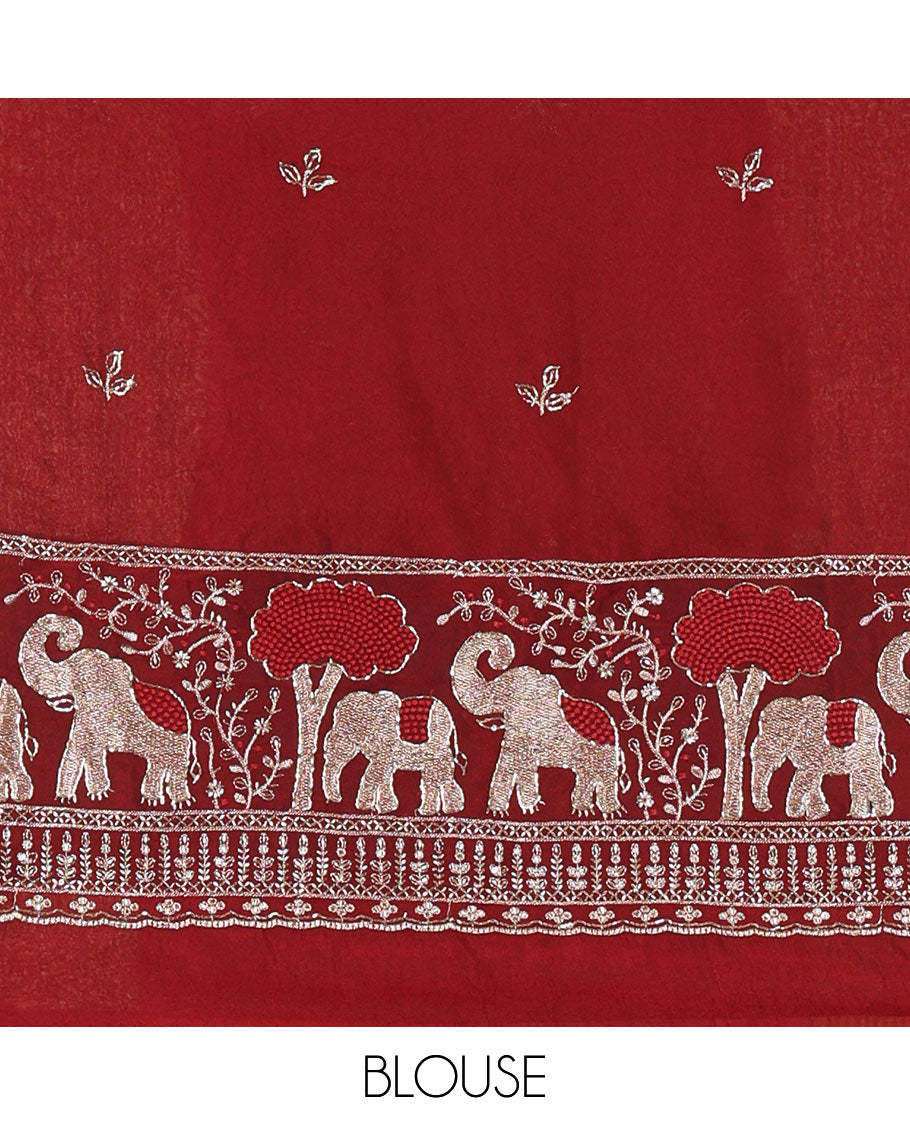 Peach Chinon Chiffon Saree, Richly Detailed with Gold Zari Checked Design on Its Body, Self-Pallu, and Paired with a Contrast Elephant-Tree-Themed French Knot Embroidered Blouse