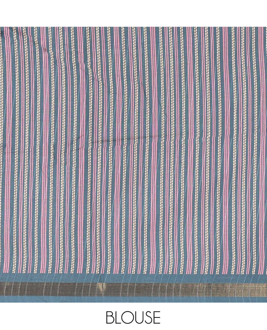 Baby Pink Katan Silk Saree Features Buttas, Complemented by Contrast Temple Zari Border, Striped Pallu, and a Contrast Blouse