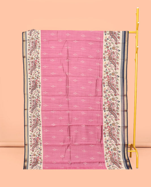 Pink Mul Mul Cotton Saree, Impeccably Styled with Ikat Buttas, Contrast Kalamkari Floral-Peacock Border, Kalamkari Printed Pallu, and a Contrast Blouse