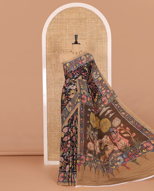Black kalamkari floral vine printed Italian crepe saree, contrast kalamkari floral creeper printed border, pallu of Pichwai and kalamkari print, and a plain blouse