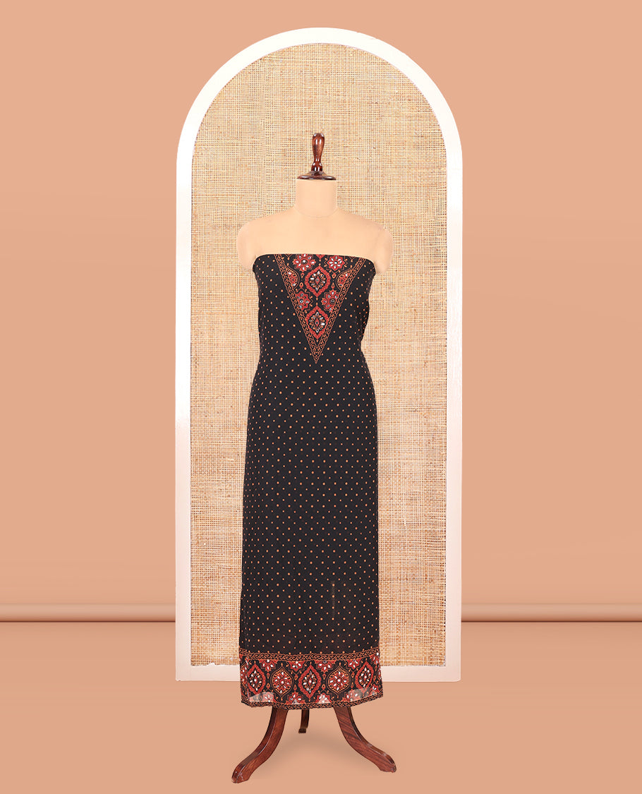 Black Georgette Material Churidar Set, Polka Dot and Ajrakh Neck Work Top, a Matching Bottom, and Ajrakh Printed Dupatta