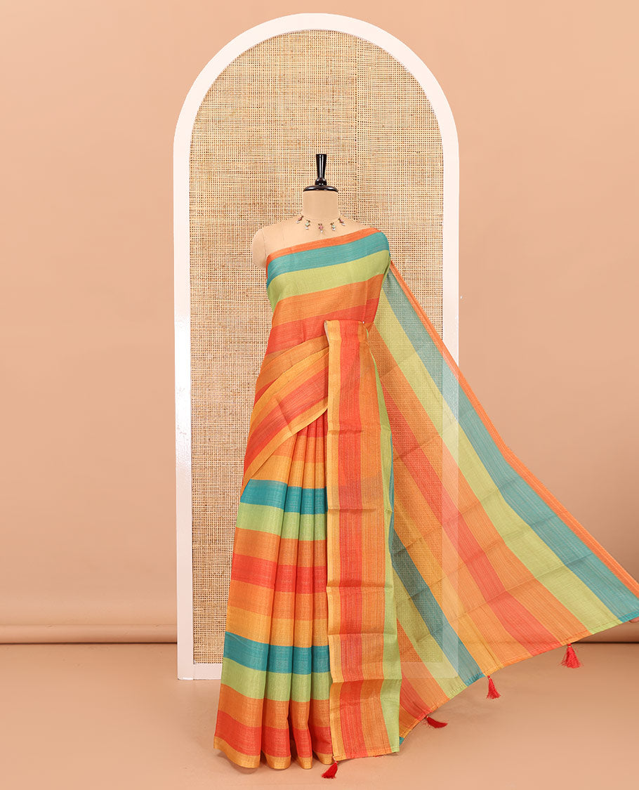 Borderless multi-color rainbow horizontal striped linen cotton saree, self-pallu and horizontal striped blouse