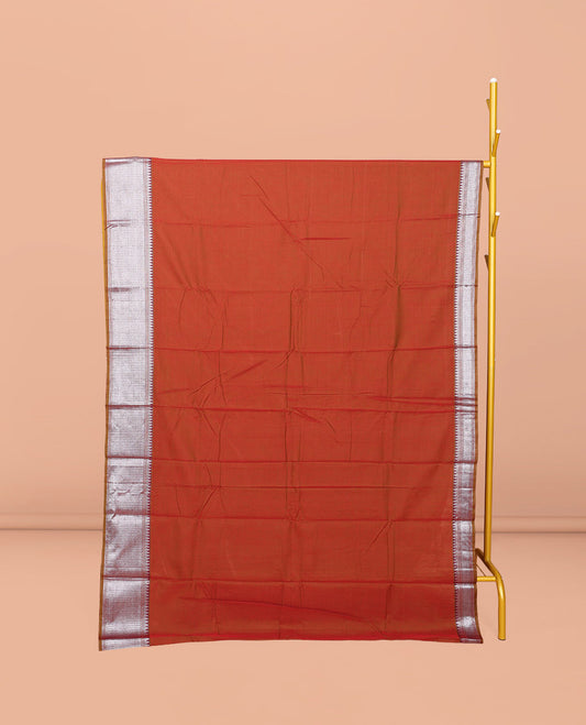 Rust Plain Narayanpet Cotton Saree, Complemented by a Contrast Traditional Design Border, Plain Pallu, and Comes Without a Blouse