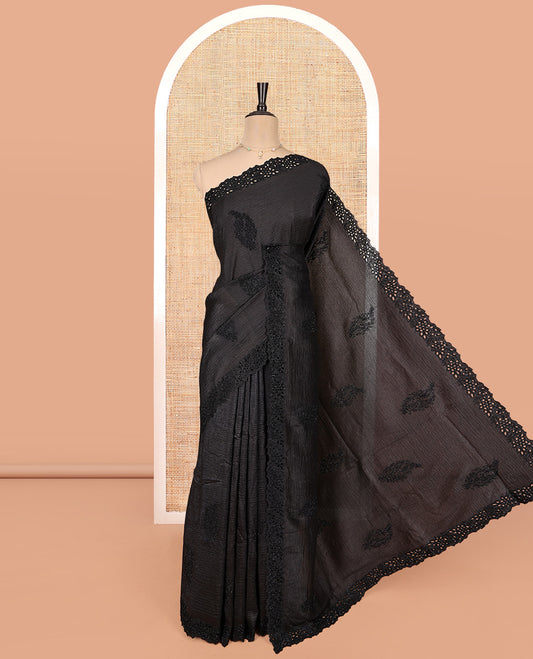 Black Designer Saree, Adorned with Micro-Stone Buttas, a Scallop Embroidered Border, and Matching Blouse
