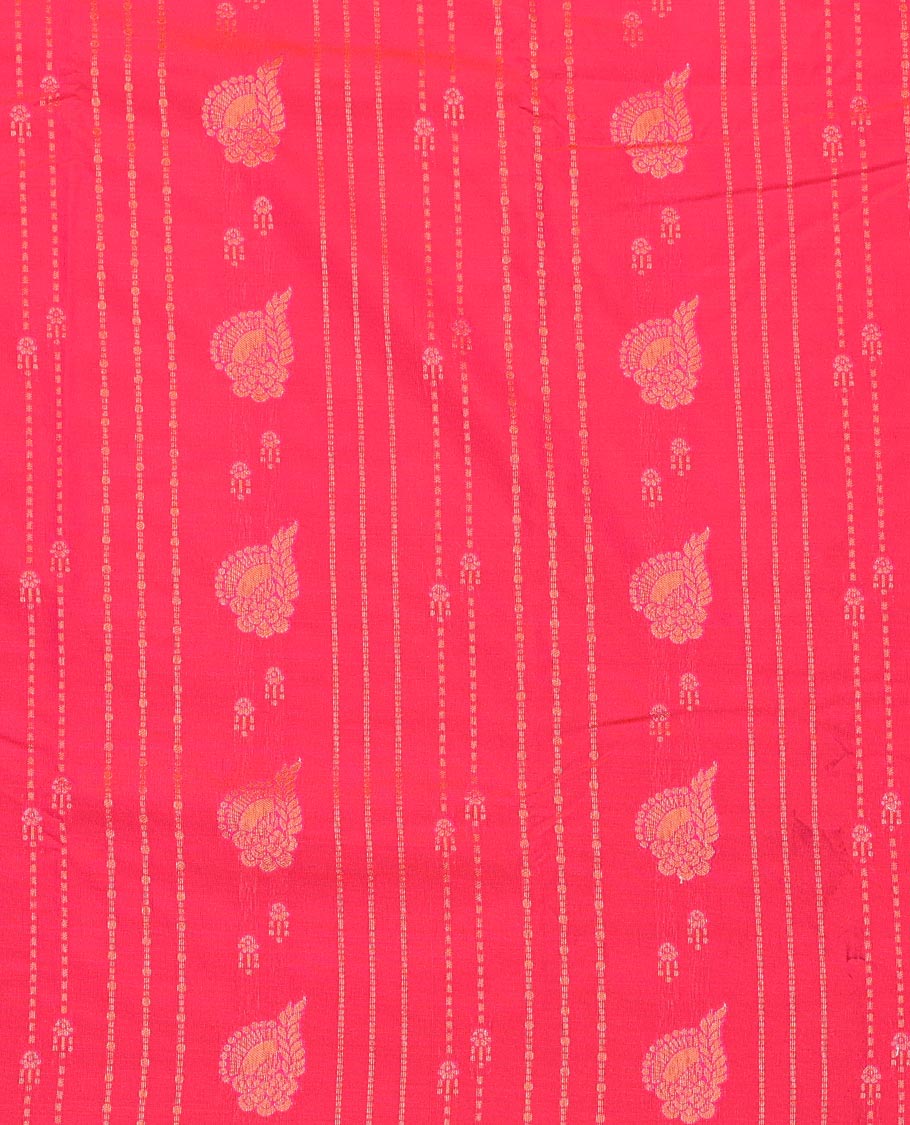 Pink Art Silk Pavadai Material Set, Subtly Sparkled with Stripes and Buttas on Its Skirt, Complemented by a Contrast Traditional Zari Design Border, and Paired with a Contrast Blouse