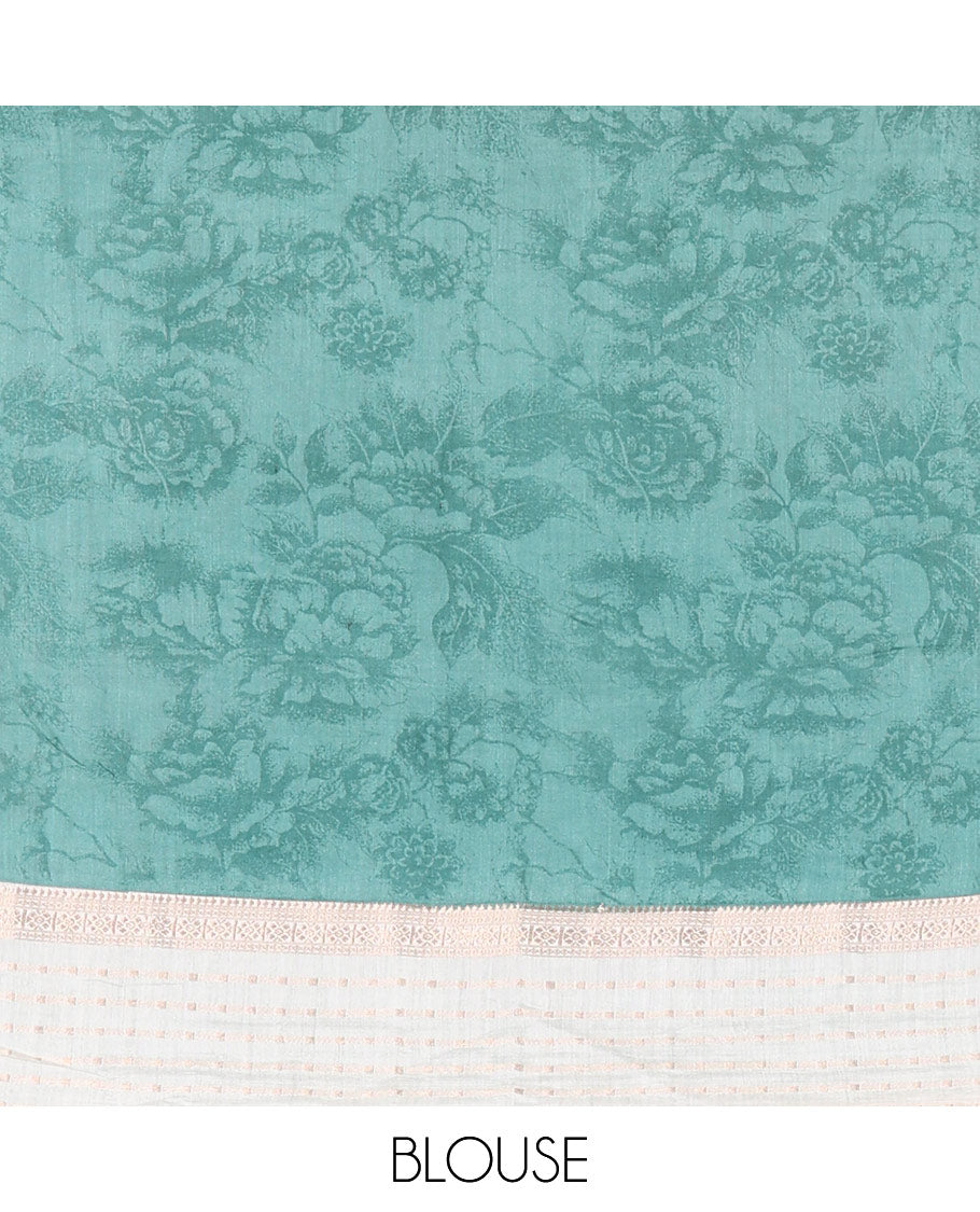 Blue silhouette-style floral discharge printed Assam silk saree, contrast traditional zari border of rudraksham motifs, zari striped pallu, and a floral printed blouse