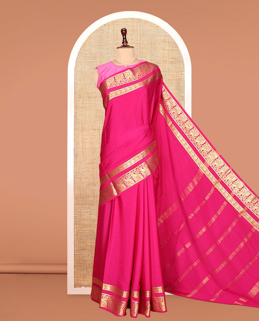 Pink Plain Mysore Silk Saree, Beautifully Detailed with Zari Border of Peacock Designs, Sparsely Woven Pallu of Stripes, and Paired with a Matching Blouse