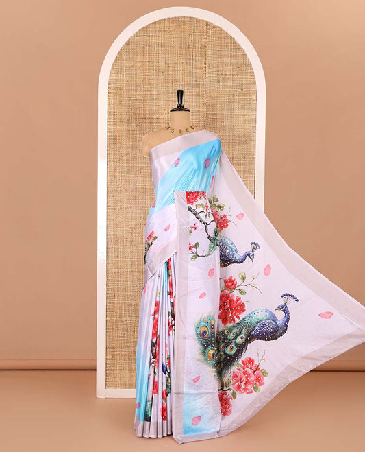 Light lavender peacocks, floral and leaf printed with mirror work masakali saree, plain border, peacock printed pallu, and a matching blouse