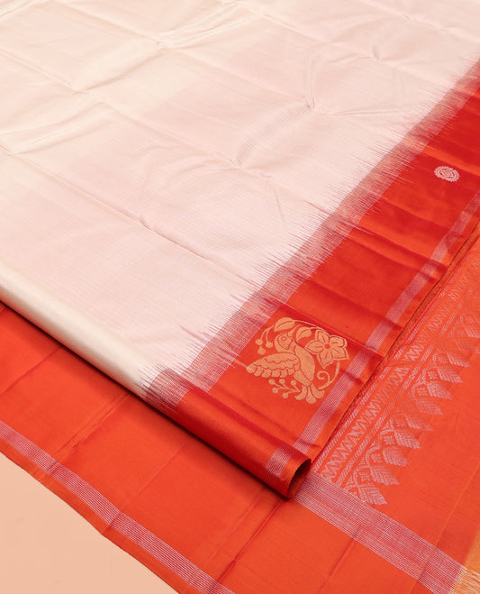 Off-White Striped Kanchipuram Silk Saree, Complemented by a Contrast Hummingbird and Chakram Border, Grand Pallu, and a Contrast Blouse
