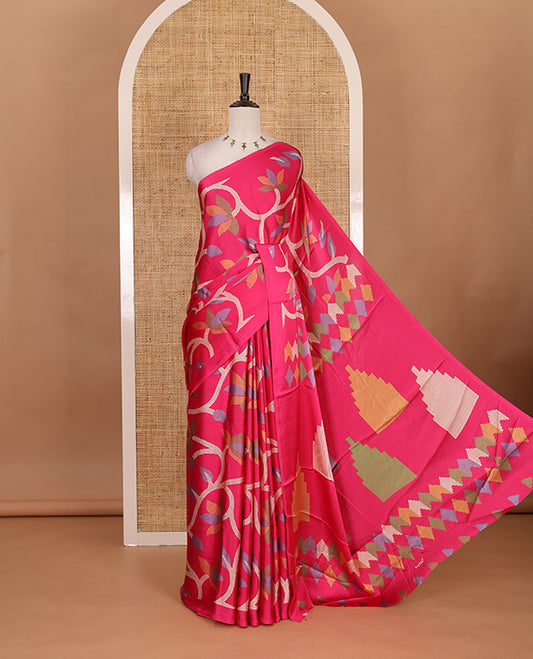 Borderless rani pink jamdani weaving design gajji silk saree and  jamdani design self pallu along with printed blouse
