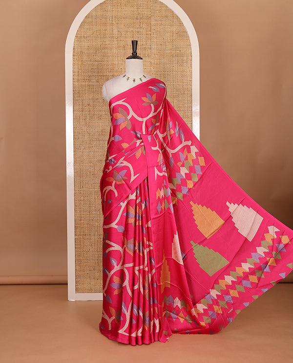 Borderless rani pink jamdani weaving design gajji silk saree and  jamdani design self pallu along with printed blouse