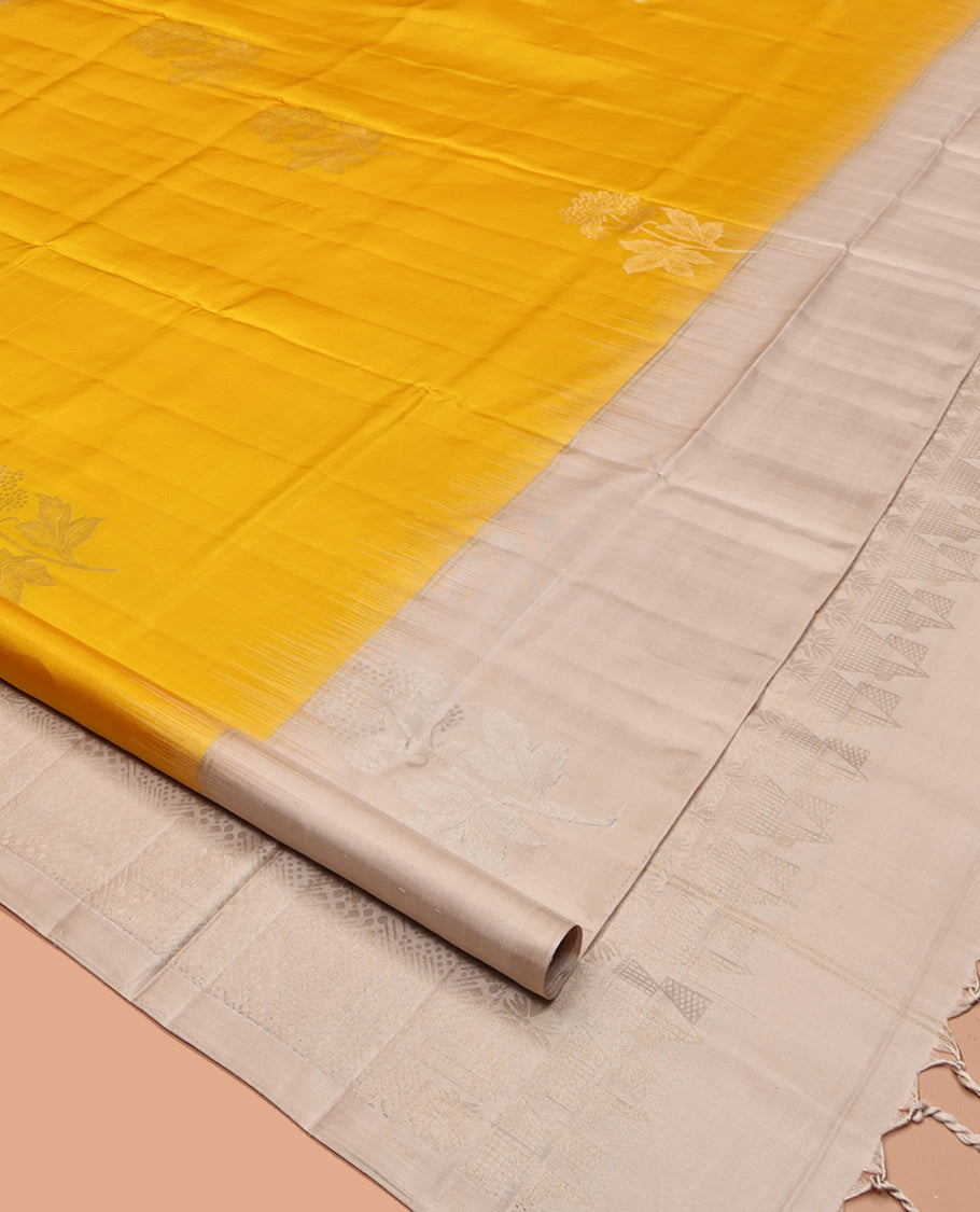 Yellow Mayuri Soft Silk Saree, Finely Crafted with Floral Buttas, Complemented by a Contrast Floral Border, Pallu of Geometric Design, and a Contrast Blouse