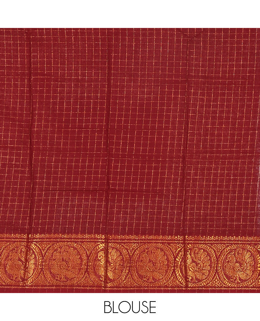 Sandal plain sungudi cotton saree with contrast traditional border of peacocks, zari striped pallu, and a contrast zari checked blouse