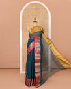 Peacock color thread buttas woven Bengal cotton saree, contrast traditional zari ganga jamuna border, and striped pallu