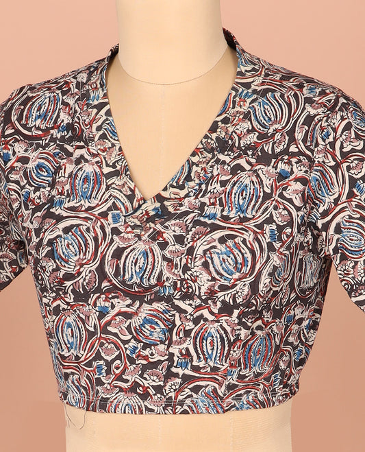 Multi-Color Readymade Blouse Delicately Printed with Kalamkari Floral Vine Print, Featuring Front V-Neck, Back Closed Neck, and Full Sleeves