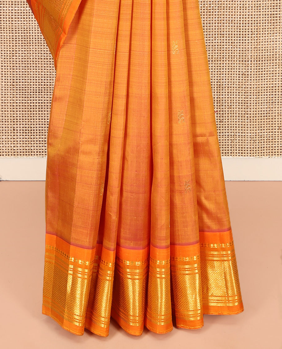 Orange Kanchipuram Silk Saree, Woven with Zari Buttas, Highlighted by a Zari One-Sided Border of Panner Sombu, Banaras, Muthu, and Jaal Design, Zari Design Pallu, and No Blouse