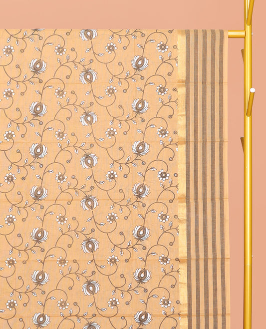 Chikku Chirala Cotton Saree, Beautified with a Floral Vine Print, Striped Border, Printed Pallu, and a Matching Blouse