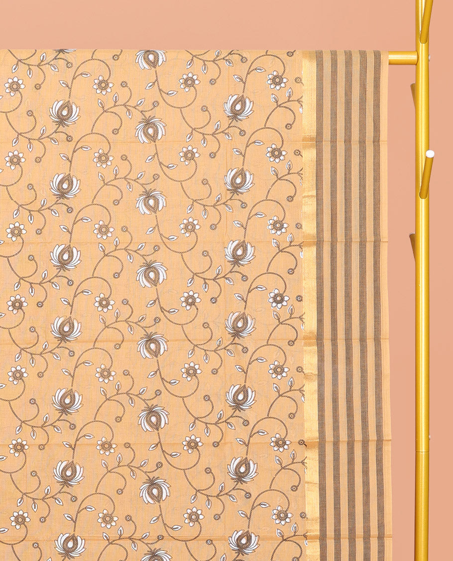 Chikku Chirala Cotton Saree, Beautified with a Floral Vine Print, Striped Border, Printed Pallu, and a Matching Blouse