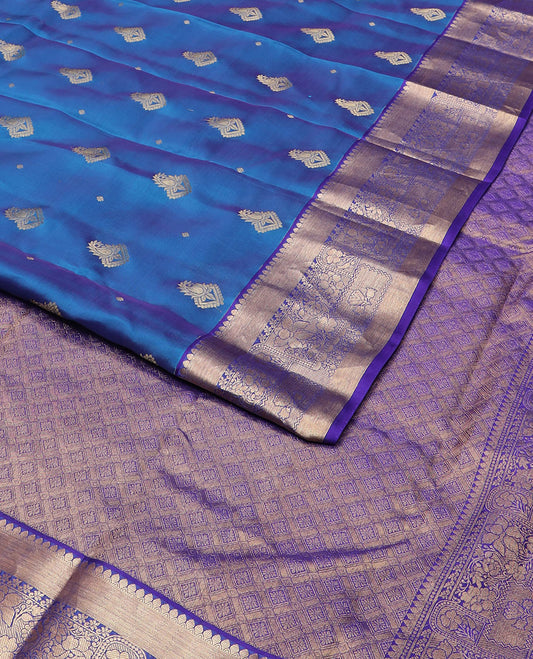 Blue zari buttas vasundhara silk mix saree, contrast jaal pallu & zari border of geometric & floral designs
