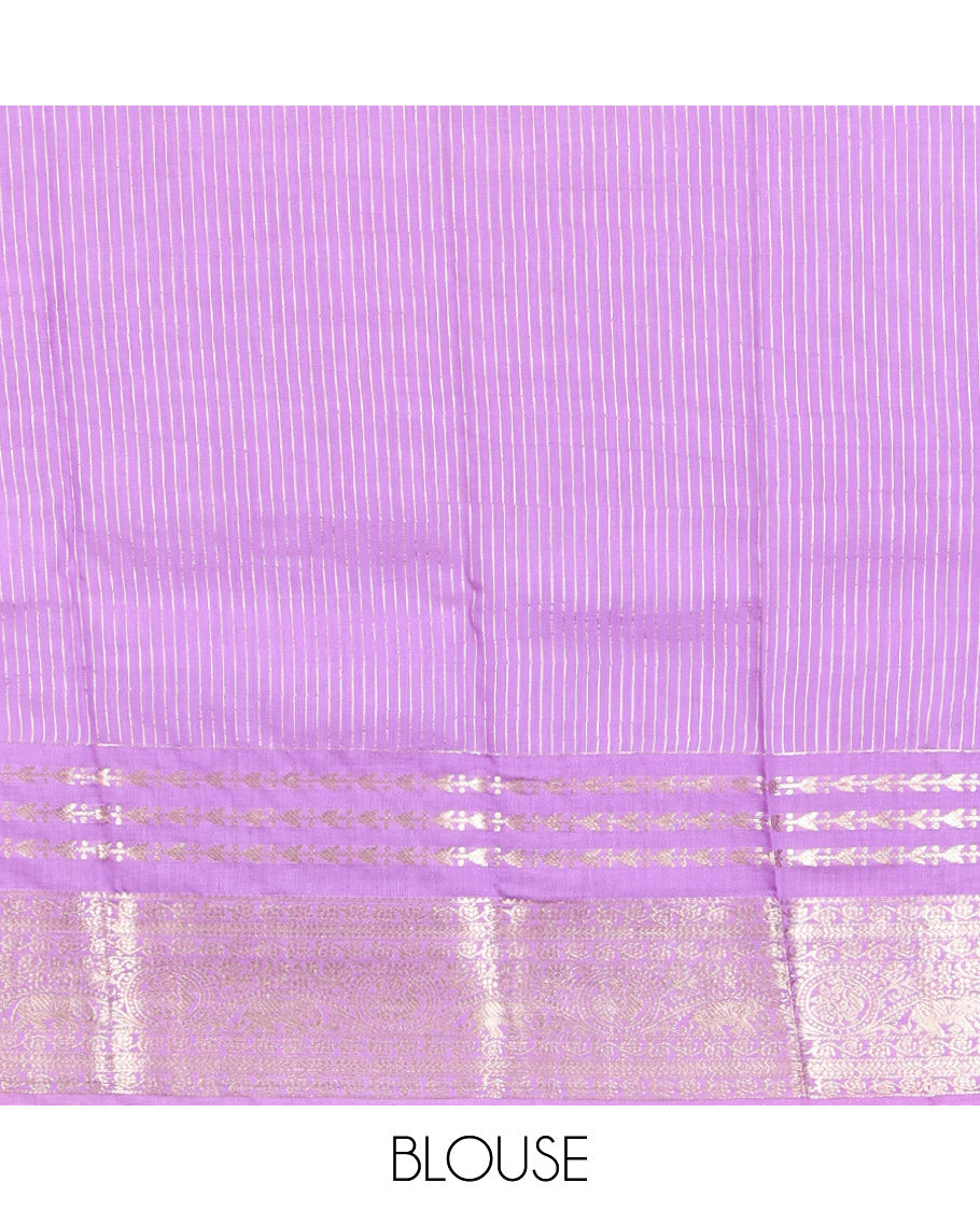 Purple Assam Silk Saree, Detailed with Zari Stripes, Complemented by Contrast Traditional Zari Border,  Zari Woven Pallu, and Contrast Blouse