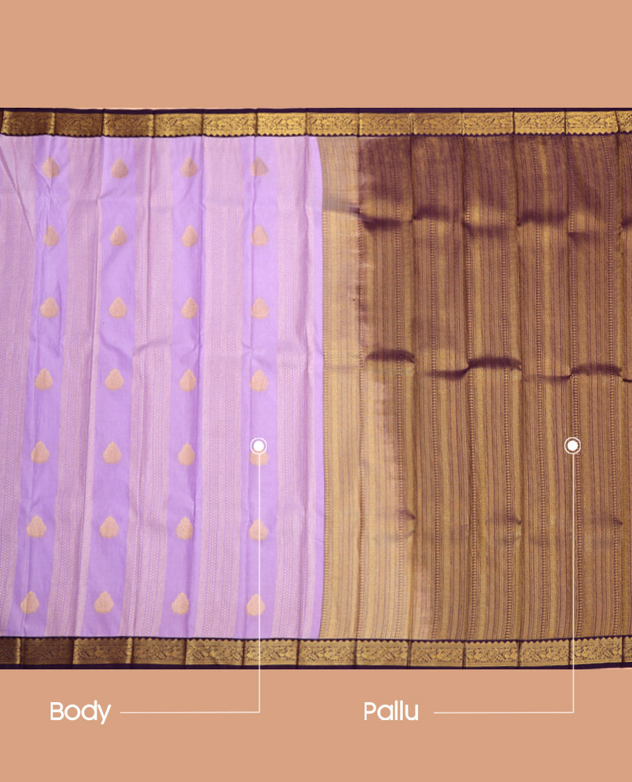 Lavender Budget Silk Saree, Gracefully Embellished with Zari Designs All Over Its Body, Complemented by a Contrast Traditional Zari Design Border, Geometric Patterned Pallu, and Paired with a Contrast Blouse