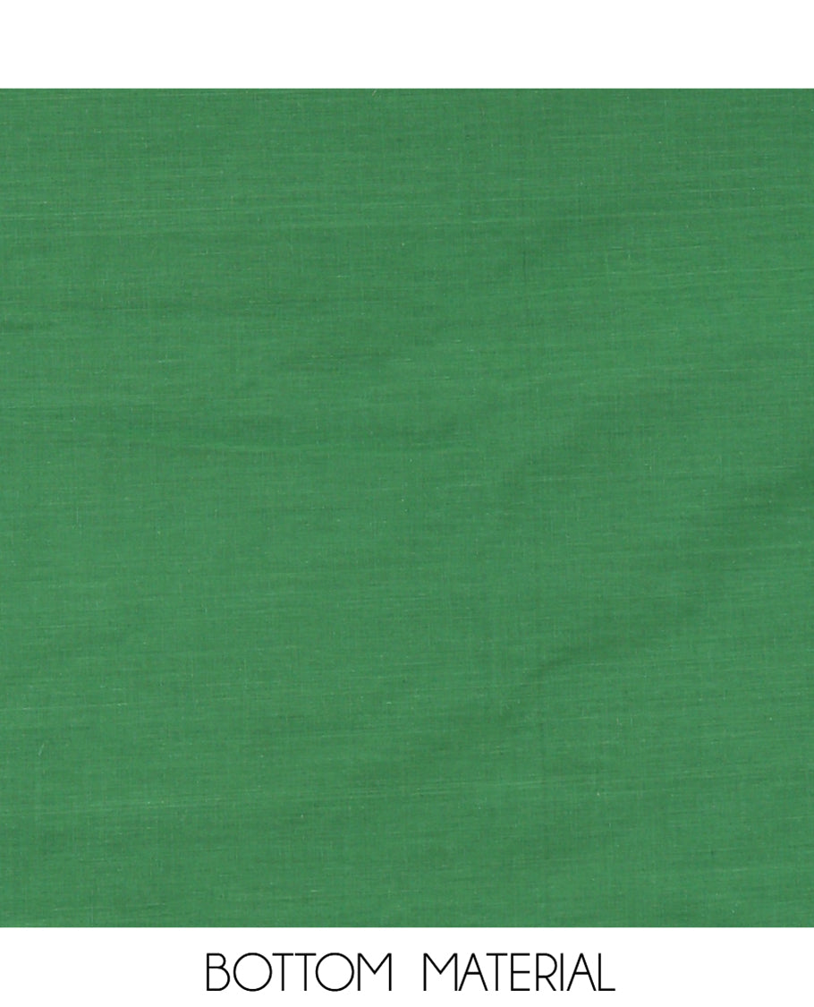 Green Handloom Material Chudidar, Peacock-Chakram Motifs-Threaded Top, a Contrast Plain Bottom, and a Contrast Dupatta